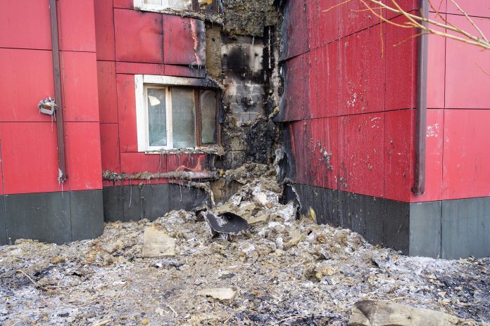 Part of the building damaged by fire.